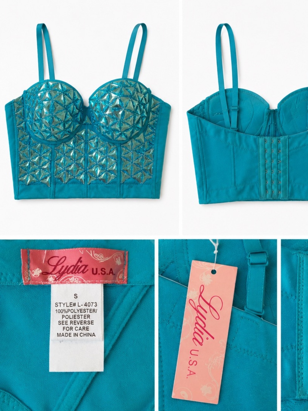 Lydia U.S.A. Turquoise Rhinestone Bustier Crop Top – Size Small – Y2K Clubwear